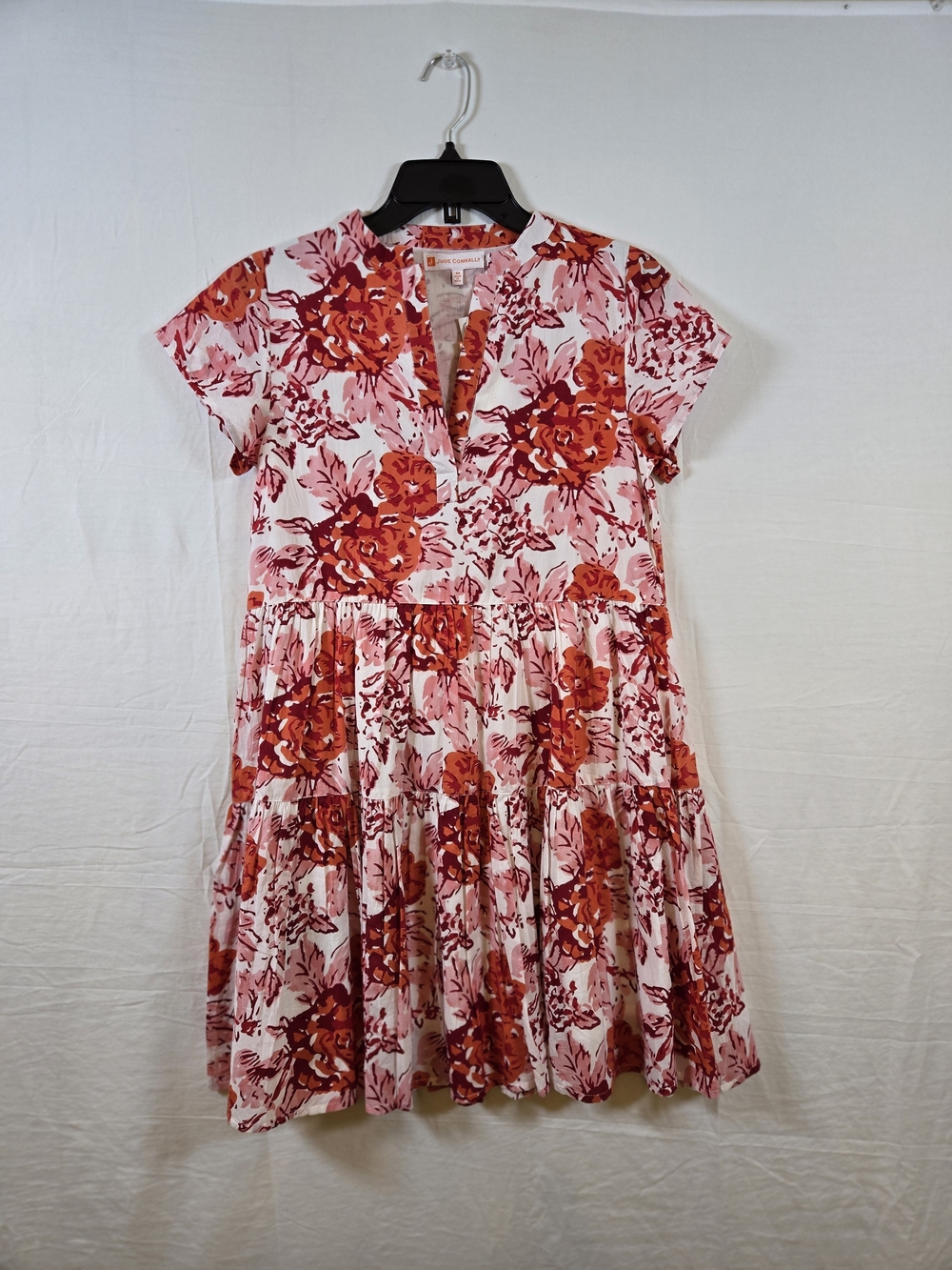 Jude Connally Pink and Red Floral V-Neck Tiered Mini Dress
